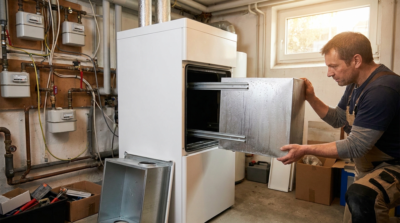 Techniker zieht eine Wärmetauscher-Kassette aus einem Lüftungsgerät