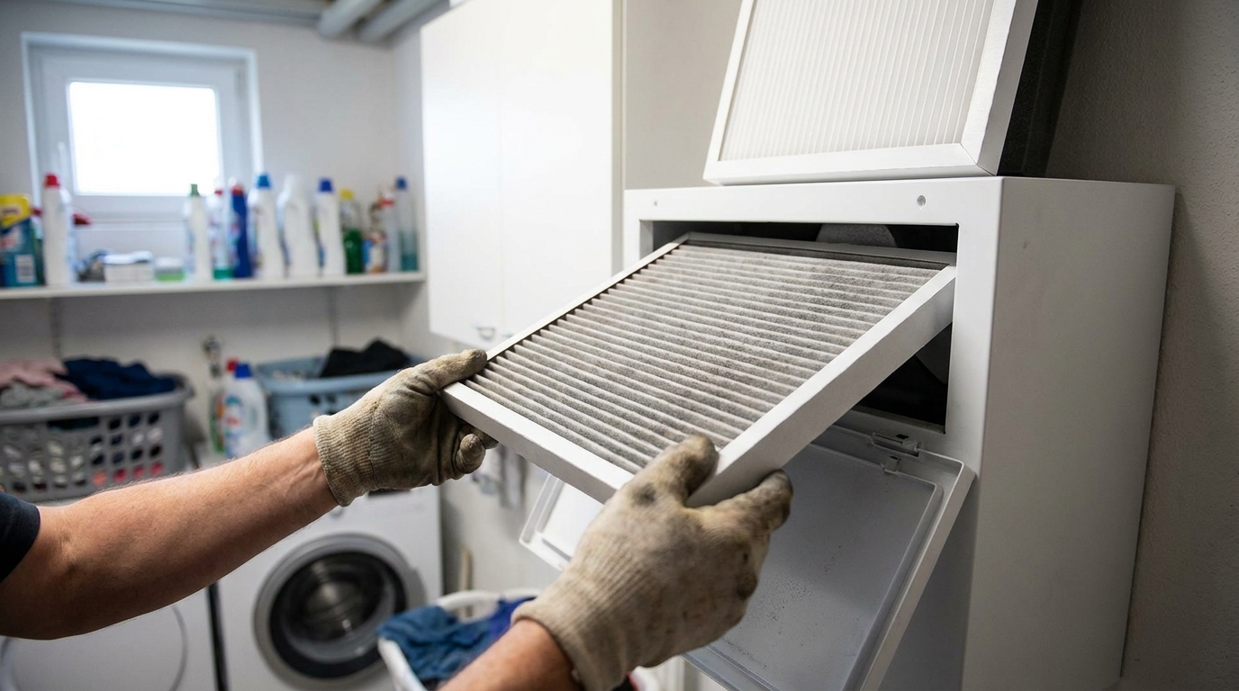 Techniker zieht einen verstaubten Faltenfilter aus einem Wohnraumlüftungsgerät