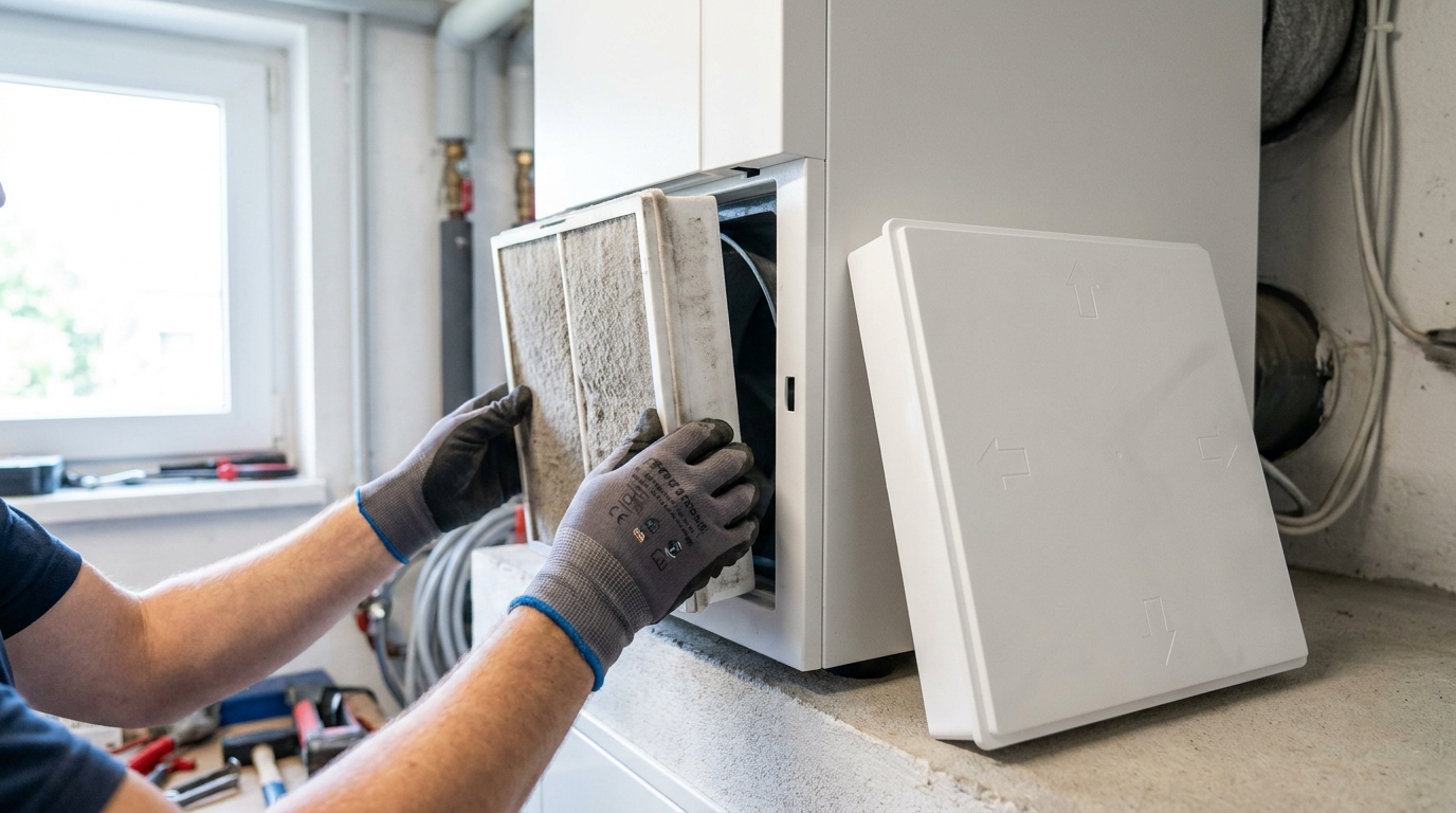 Filterwechsel an einem kompakten Lüftungsgerät im Hauswirtschaftsraum